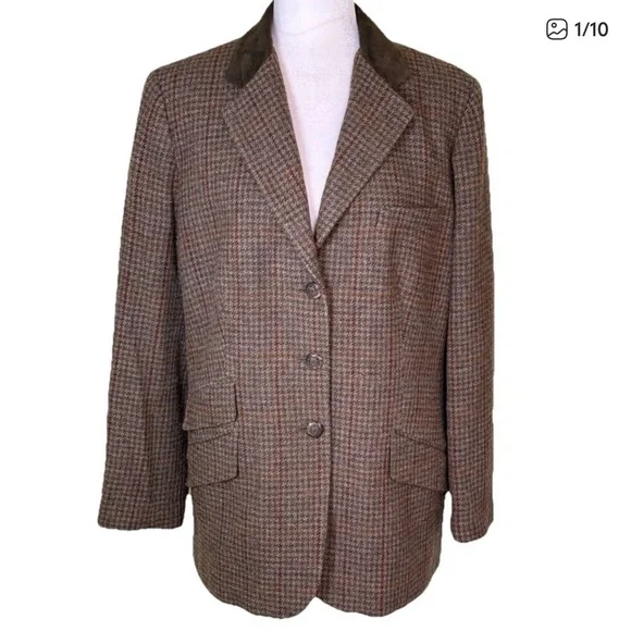 Vintage Lauren Ralph Lauren Brown Wool Houndstooth Equestrian Blazer Size 16W - Picture 1 of 9